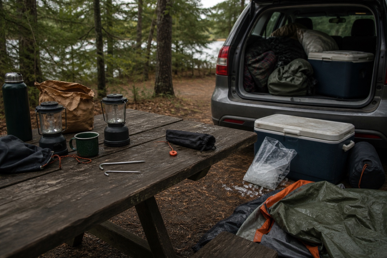 A rushed campsite with duplicate gear, melting ice, bent stakes, and damp equipment