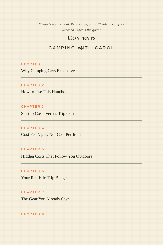 Interior preview page showing camping cost worksheet content