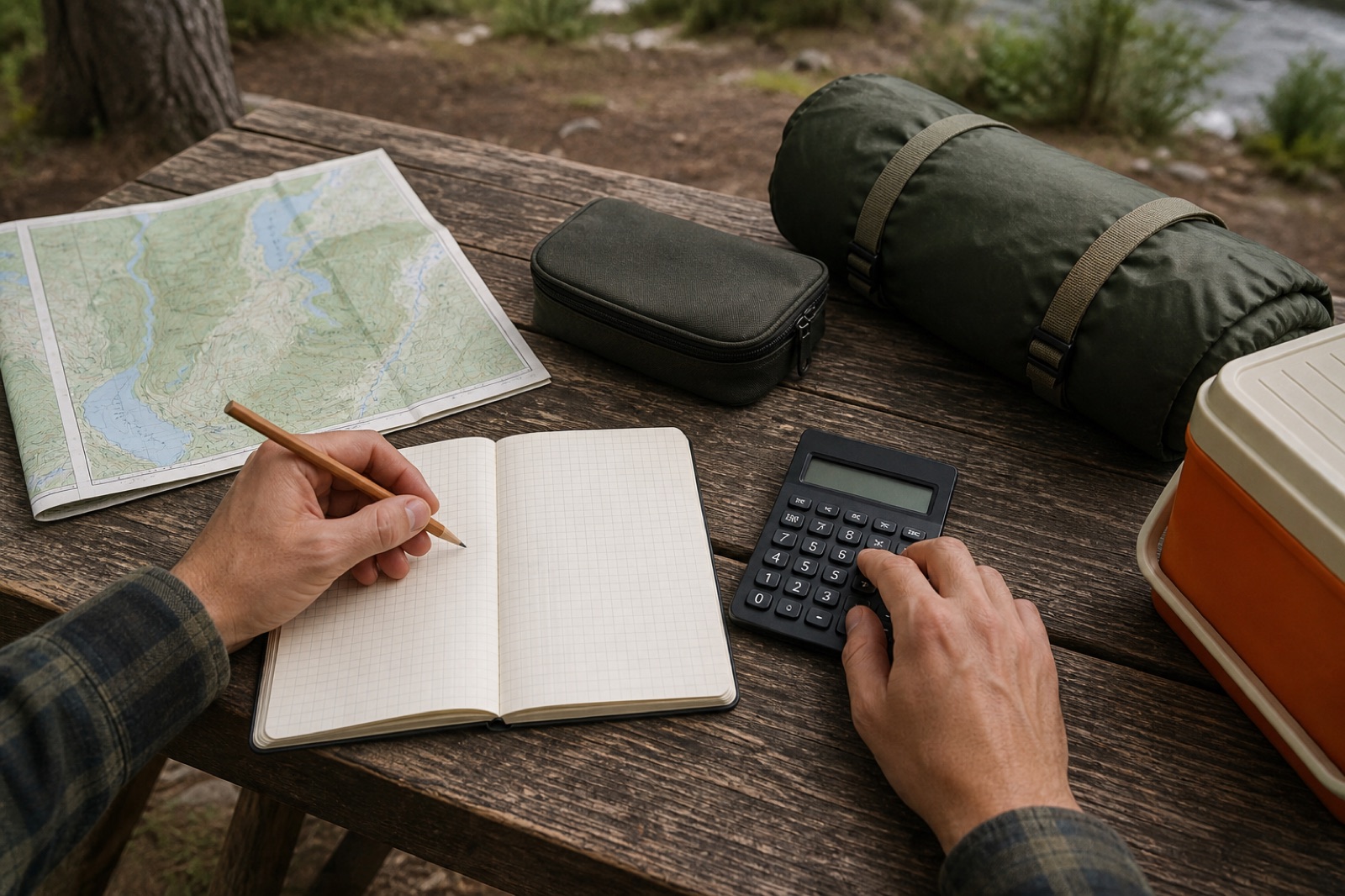 A camper using a map, calculator, notebook, repair pouch, and packed gear to plan a trip