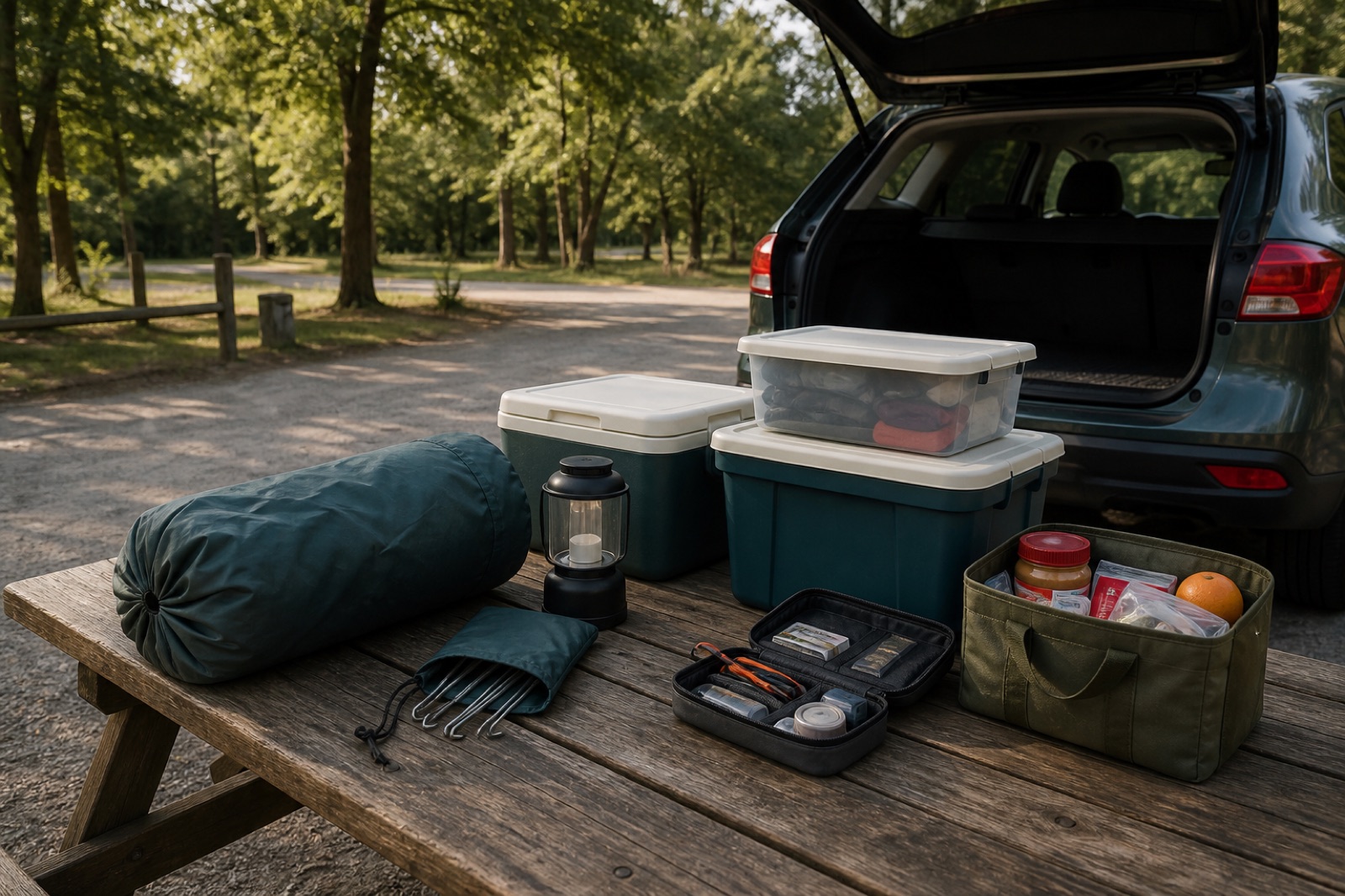 An organized campsite with one lantern, packed bins, a closed cooler, repair kit, and intact stakes